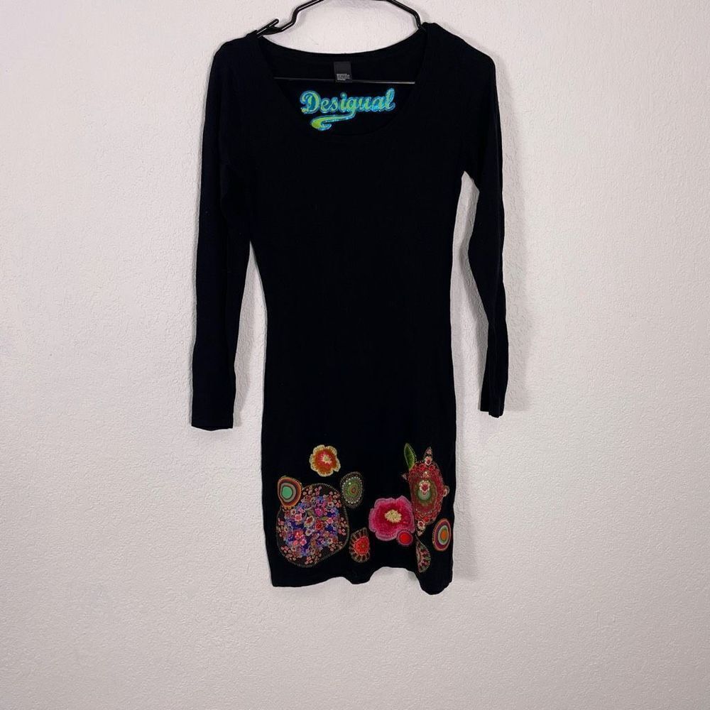 Desigual Black Long Sleeve‎ Scoop Neck w/ Pink Floral Embroidered Dress Small